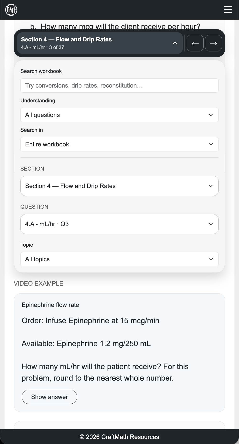 The Med Dosage navigator shows search, understanding, section, question, and topic controls.