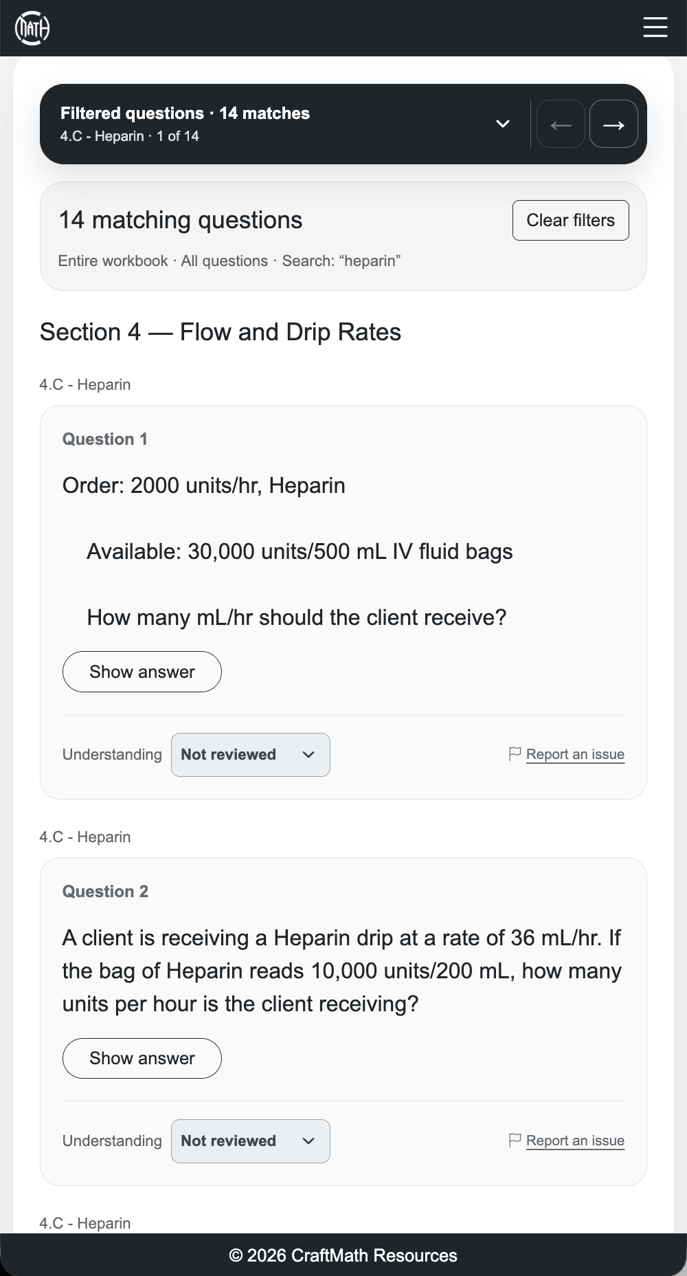 A search for heparin shows matching dosage-calculation questions in the regular question view.