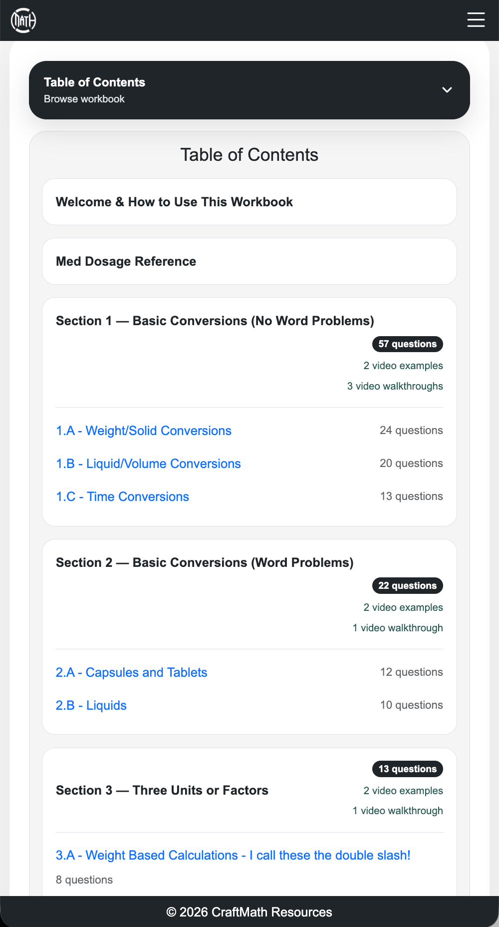 The Med Dosage table of contents lists sections, topics, question counts, video examples, and walkthroughs.