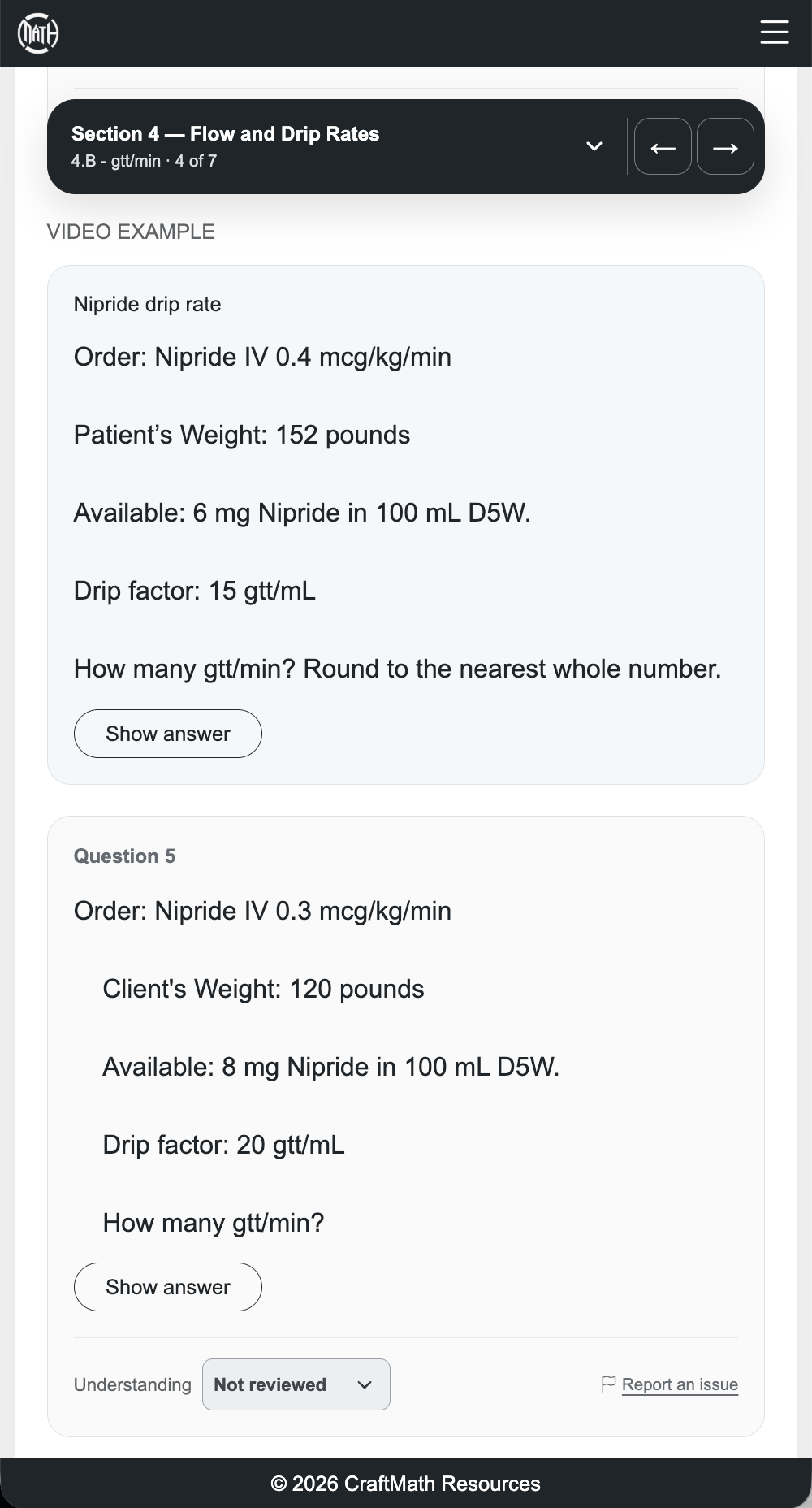 A Nipride drip-rate video example appears above a similar workbook practice question.