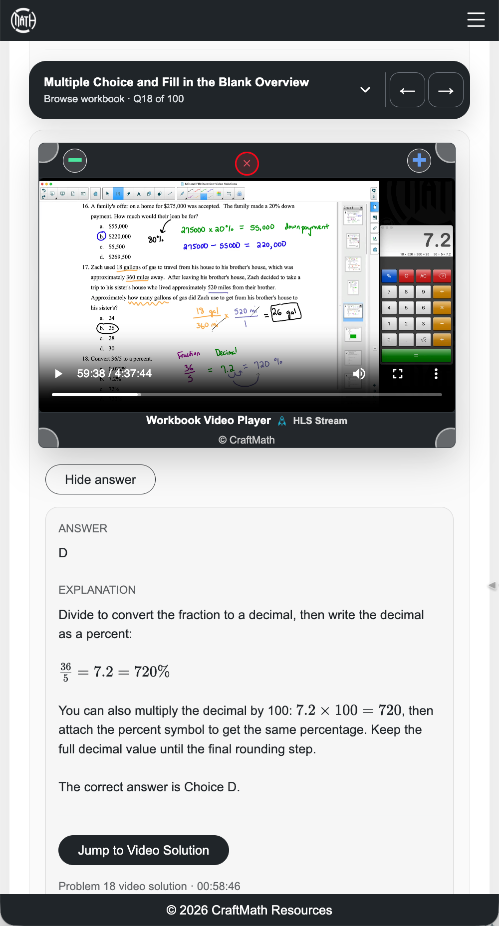 A revealed workbook answer shows a worked explanation and the Overview video solution player.