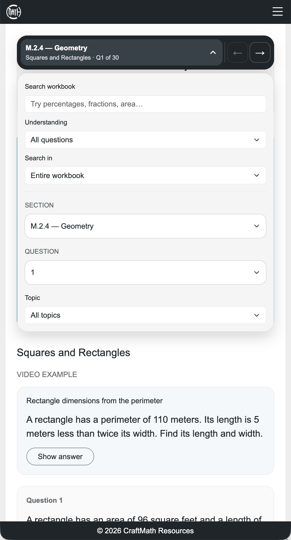The open workbook navigator shows search, understanding, section, question, and topic controls.