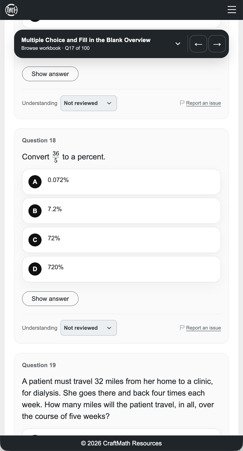 An Overview multiple-choice question has four answer choices and a Show answer button.