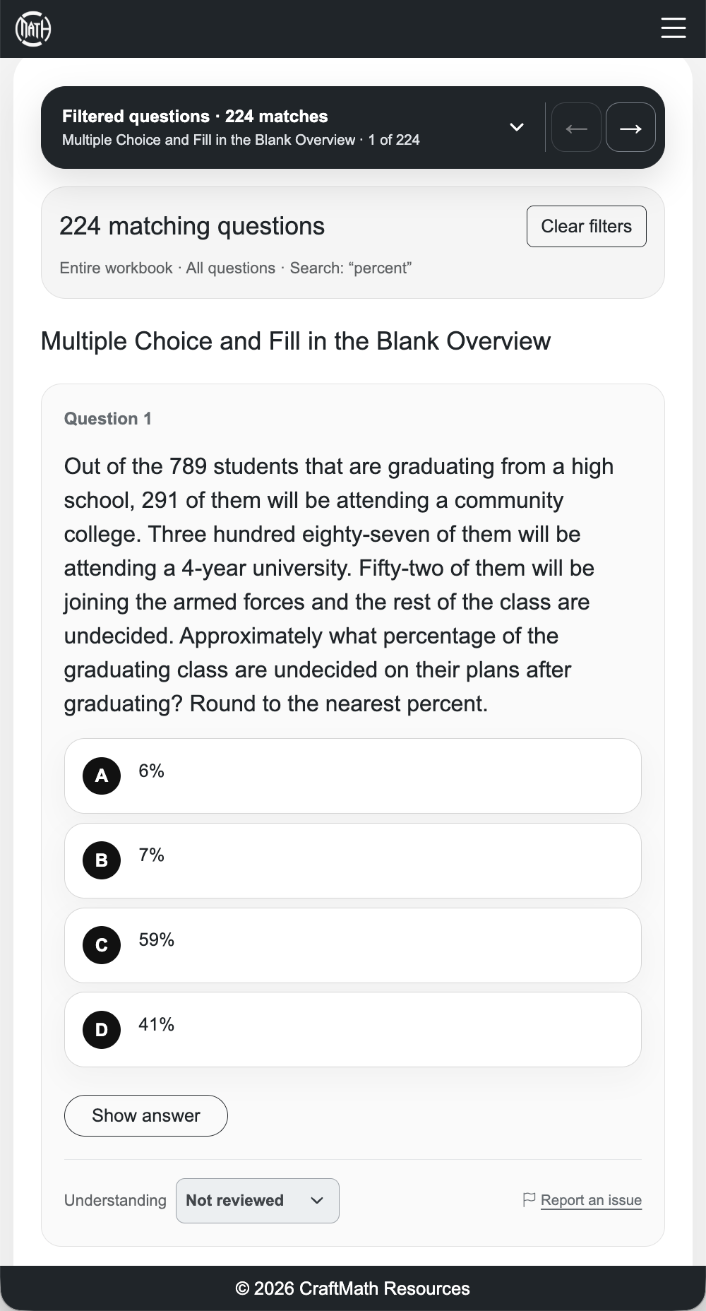 A search for percent shows matching workbook questions, including a percentage word problem.