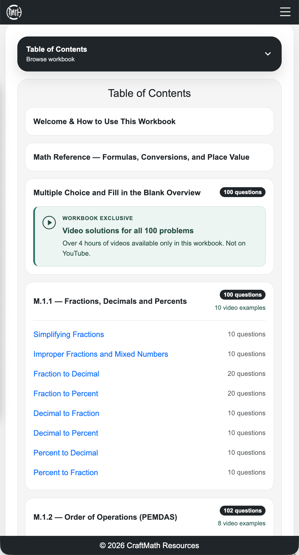 The workbook table of contents lists the Overview, TEAS objectives, topics, question counts, and video examples.