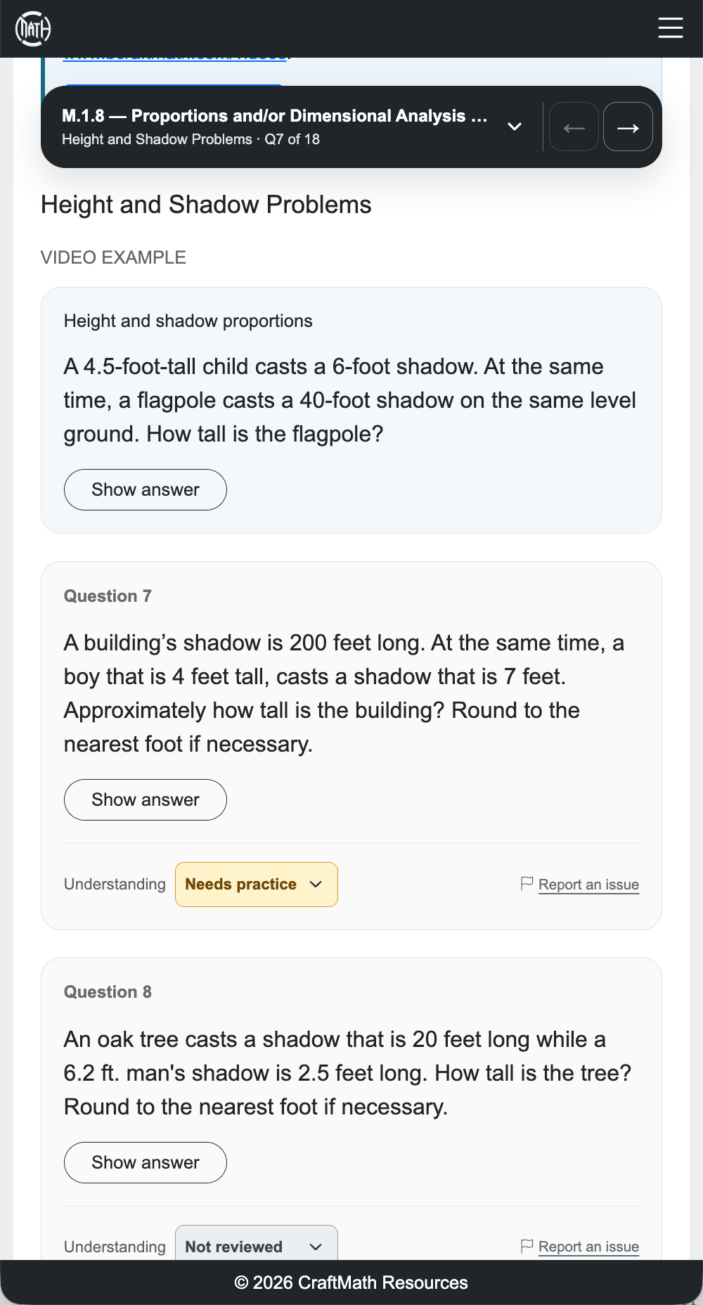 A height-and-shadow video example appears above practice questions, with a Needs practice understanding mark.
